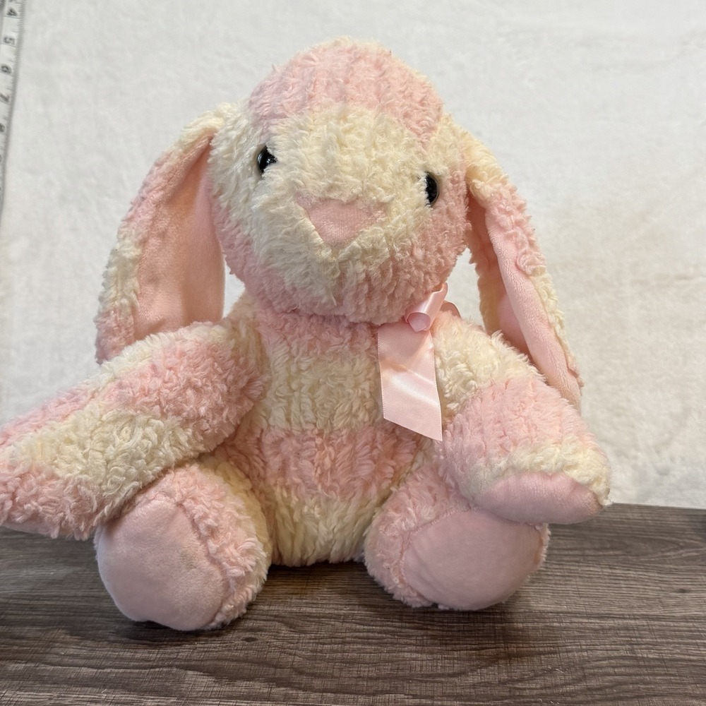 Pink Ribbon White Soft Textured Easter Bunny Plush Striped Rabbit Stuffed Animal